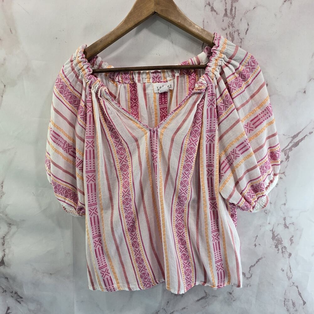 Anthropologie Shirt Womens Small Pink Orange Velvet Graham Spencer Puff V Ikat